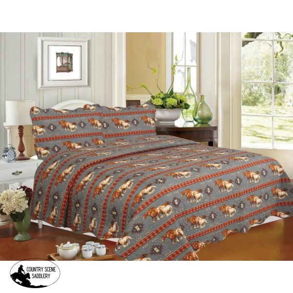 3PC QUEEN Size Quilted Gray Running Horse Quilt Set.