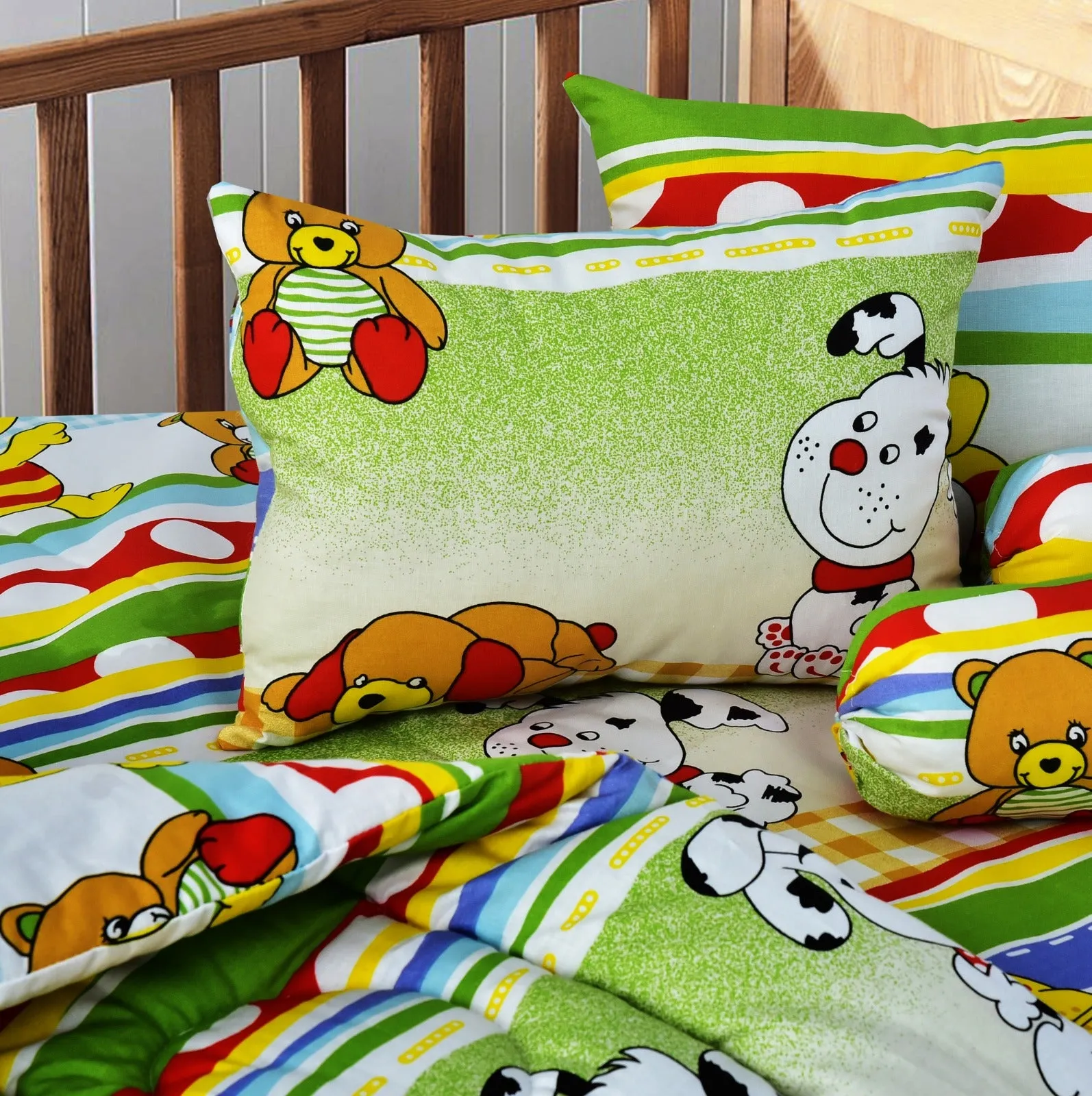 7 PCs Baby Cot Set With Waterproof Sheet- Teddy Bears