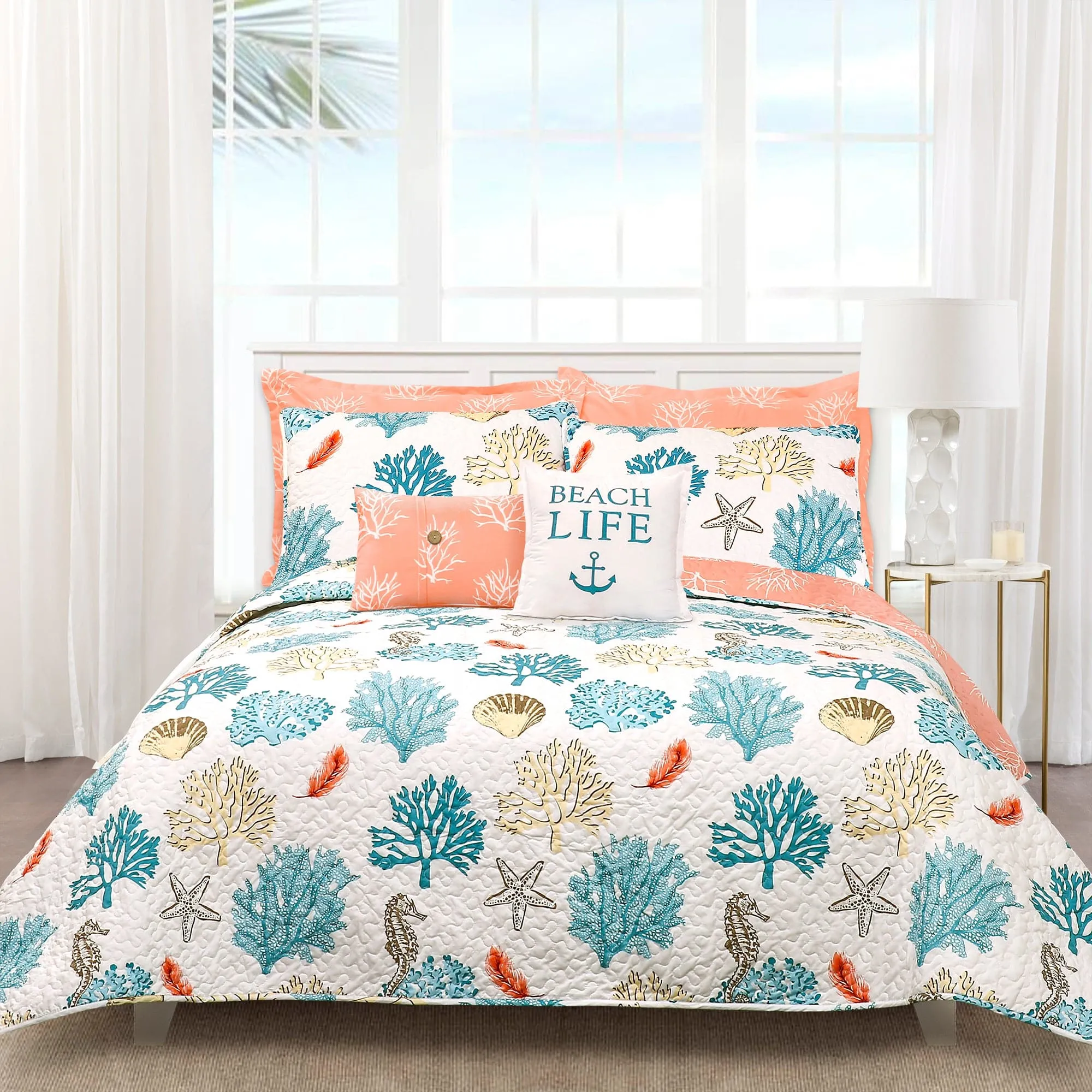 Coastal Reef Feather Reversible Quilt Set