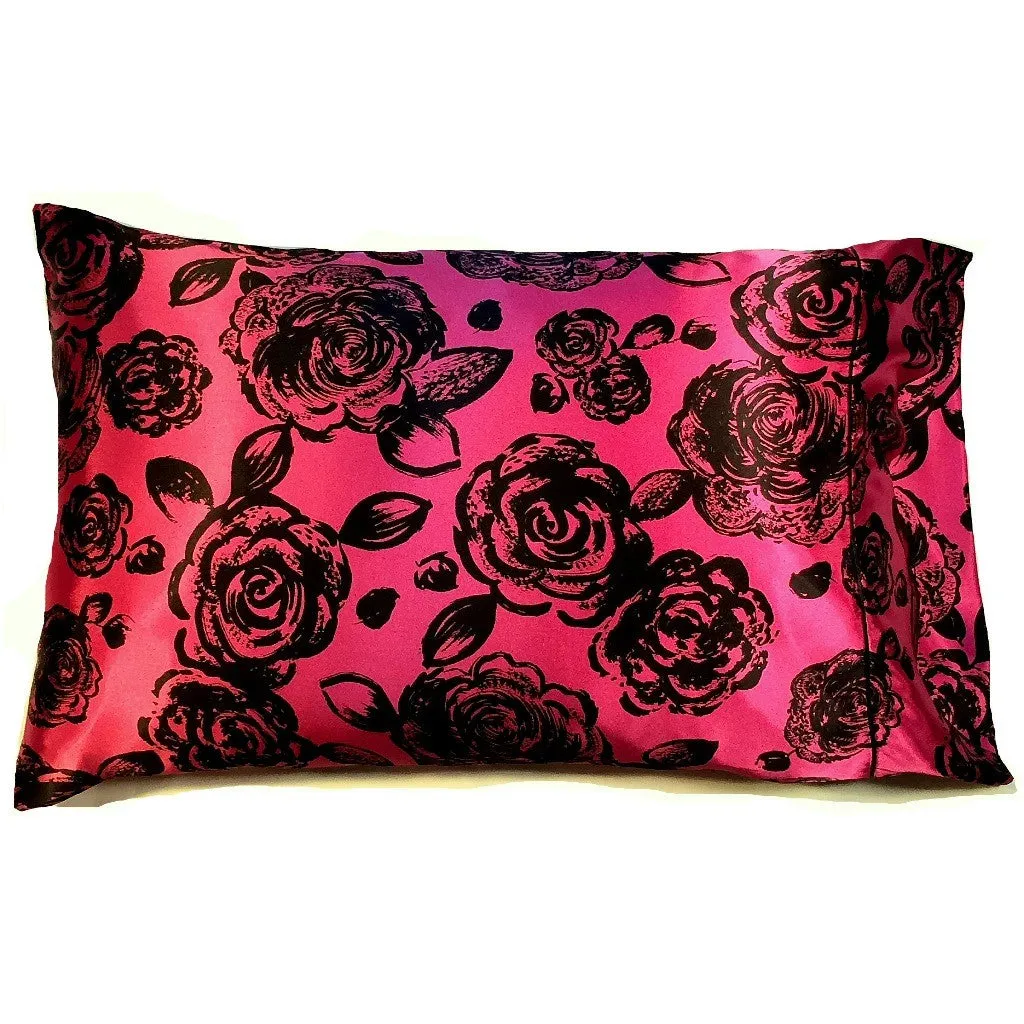 Cooling, Smooth, Pink with Black Roses Satin Charmeuse Pillow Cases.