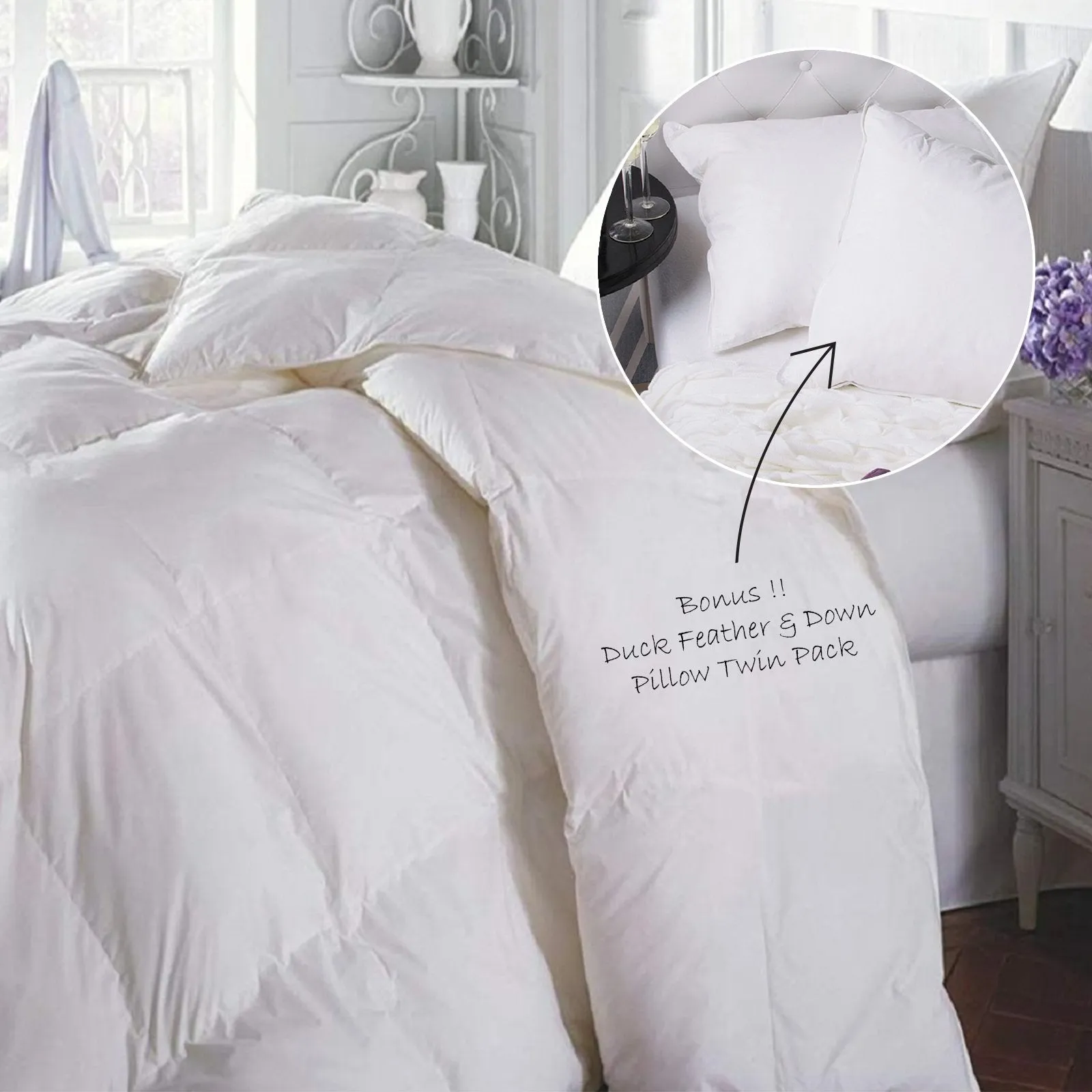 Duck Feather & Down Quilt 500GSM   Duck Feather and Down Pillows 2 Pack Combo King White