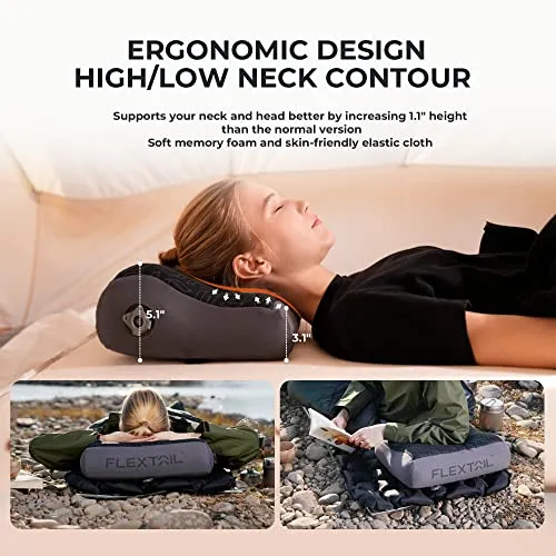 FLEXTAILGEAR Inflatable Camping Pillow Ergonomic Thicken Design, Portable Neck Cervical Travel Pillow Backpacking Gear with Washable Cover for Camping, Hiking, Airplane, Road Trip, Office