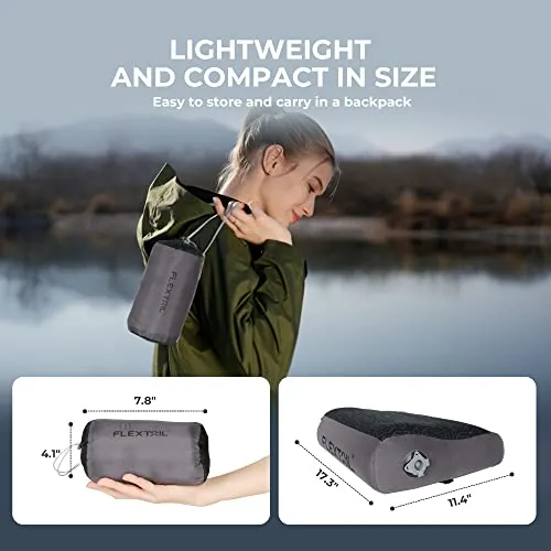 FLEXTAILGEAR Inflatable Camping Pillow Ergonomic Thicken Design, Portable Neck Cervical Travel Pillow Backpacking Gear with Washable Cover for Camping, Hiking, Airplane, Road Trip, Office