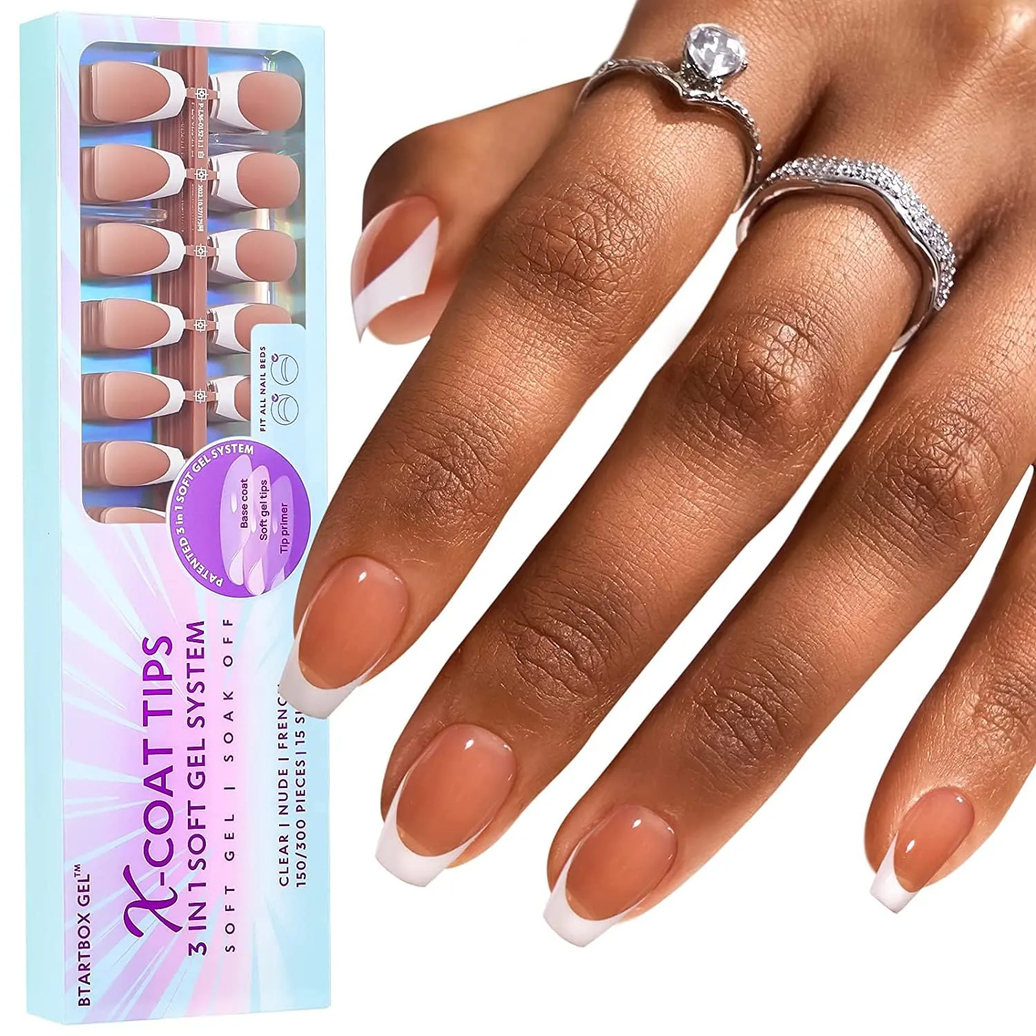 French Gel Nail Tips -150Pcs French Tip Press on Nails Pink Long Square 3 in 1 X-coat Tips