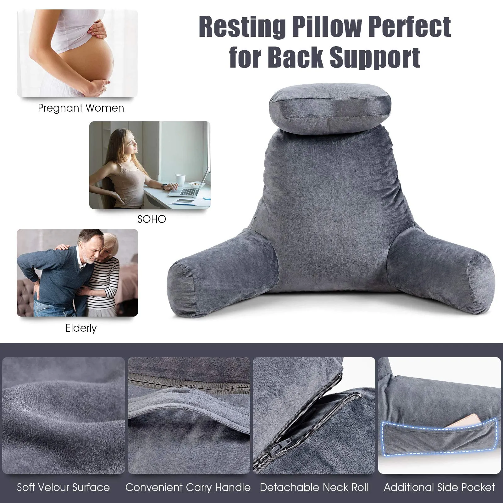 KOMFOTT Bed Rest Reading Pillow, Big Reading Pillow with Detachable Neck Roll and Arms