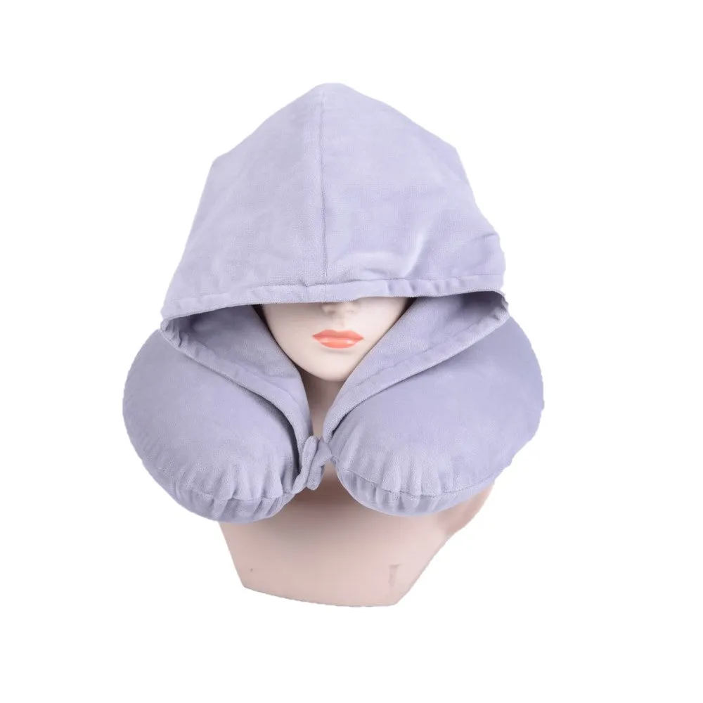 Luxury Quality U Shaped Memory Foam Neck Head Support Travel Pillow with Velvet Hoodie