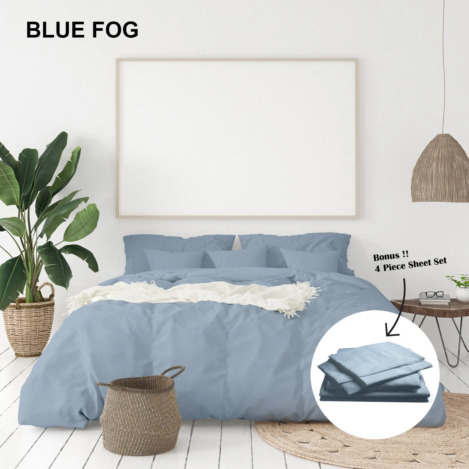 Royal Comfort 1000 Thread Count Bamboo Cotton Sheet and Quilt Cover Complete Set King Blue Fog