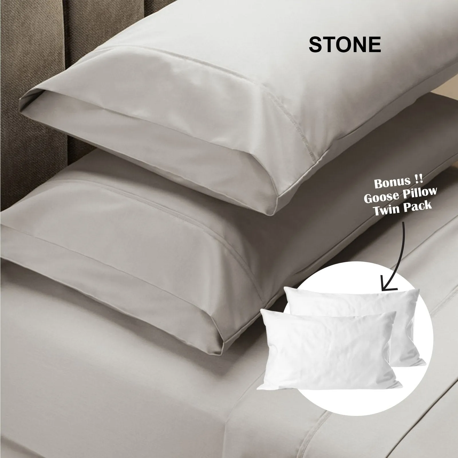 Royal Comfort 4 Piece 1500TC Sheet Set And Goose Feather Down Pillows 2 Pack Set Double Stone