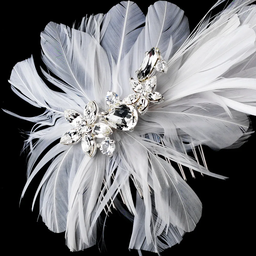 Whimsical Crystal White Feather Spray Bridal Hair Comb